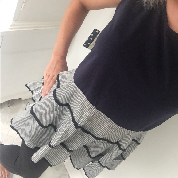 Cotton Linen Navy & White Ruffle Top - Picture 3 of 4